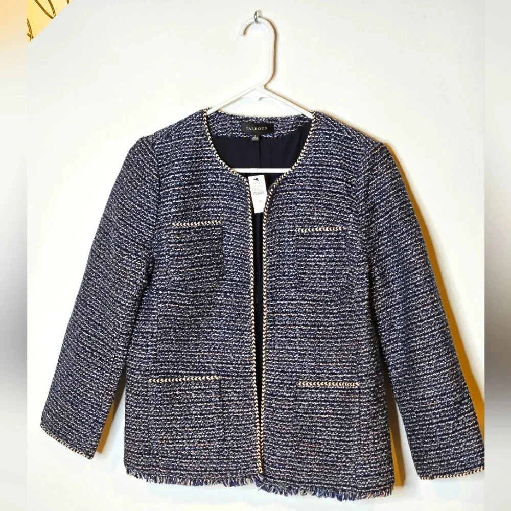 Talbots Airy Tweed Woven‎ Jacket Navy Womens 8 Blazer Fringe Boxy New